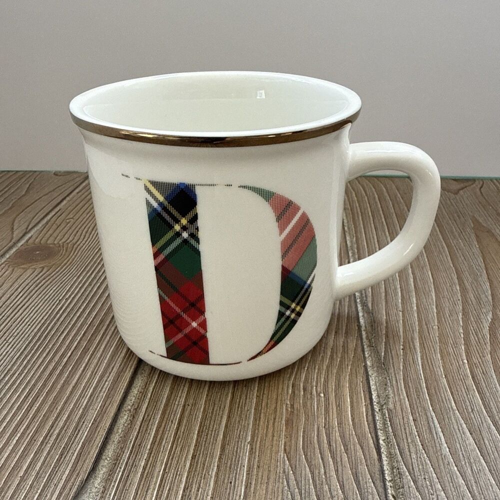 POTTERY BARN STEWART PLAID ALPHABET STONEWARE MUG D